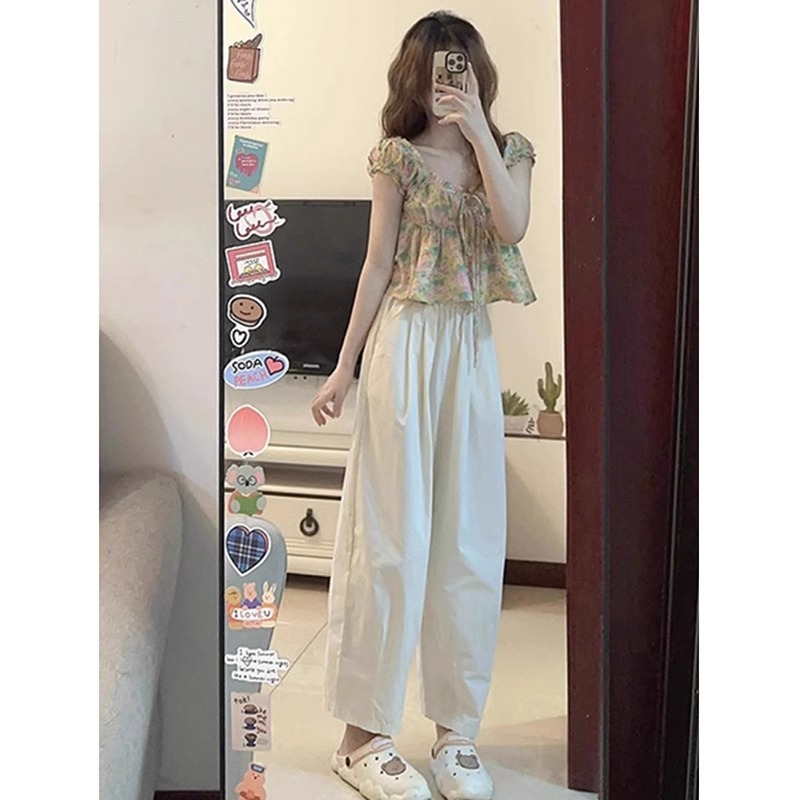 Japanese white linen high-waisted casual wide-leg pants for women's summer short cotton and linen straight carrot pants nine-point pants