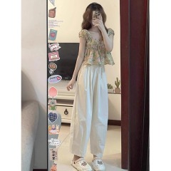 Japanese white linen high-waisted casual wide-leg pants for women's summer short cotton and linen straight carrot pants nine-point pants
