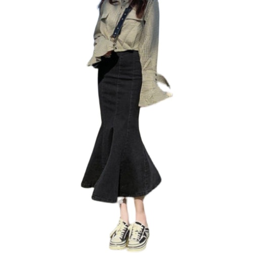 Black high-waisted denim fishtail skirt skirt for women spring and autumn a-line skirt lotus leaf mid-length hot girl hip skirt