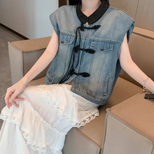 Actual shot ~ Korean style new Chinese style denim vest jacket for women autumn 2024 new style short top for small people