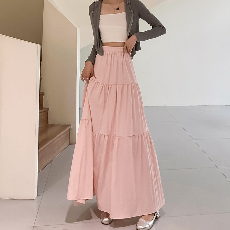 French splicing skirt for women pink high waist versatile large skirt A-line long skirt A-line skirt