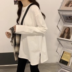 Top with shark pants, spring, autumn and winter white bottoming shirt for women, layered, butt-covering mid-length long T-shirt