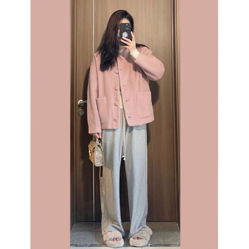 Korean simple casual versatile pink jacket 2024 autumn and winter new style lazy style gentle temperament niche tops for women