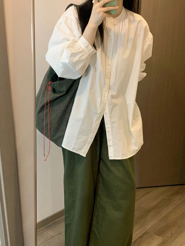 Lantern sleeve shirt women's early autumn design niche palace style round neck shirt loose slimming thin top