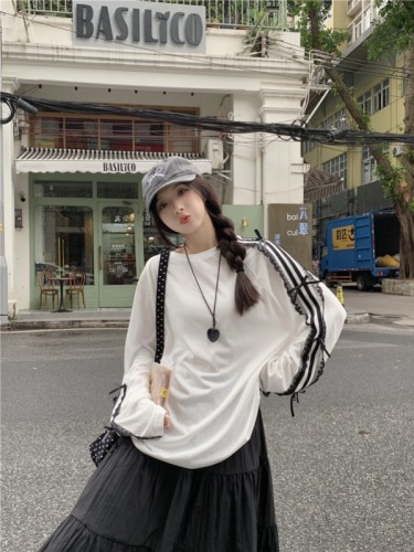 Casual lace striped bow long sleeve T