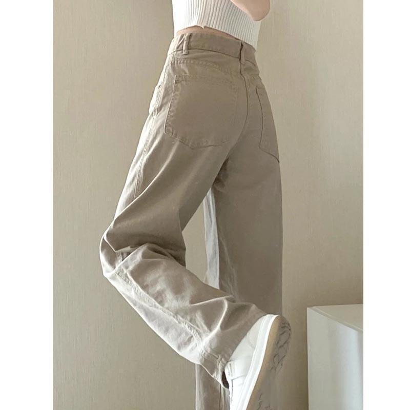 Spring and autumn new high-waist khaki straight wide-leg jeans for fat girls plus size slimming loose trousers