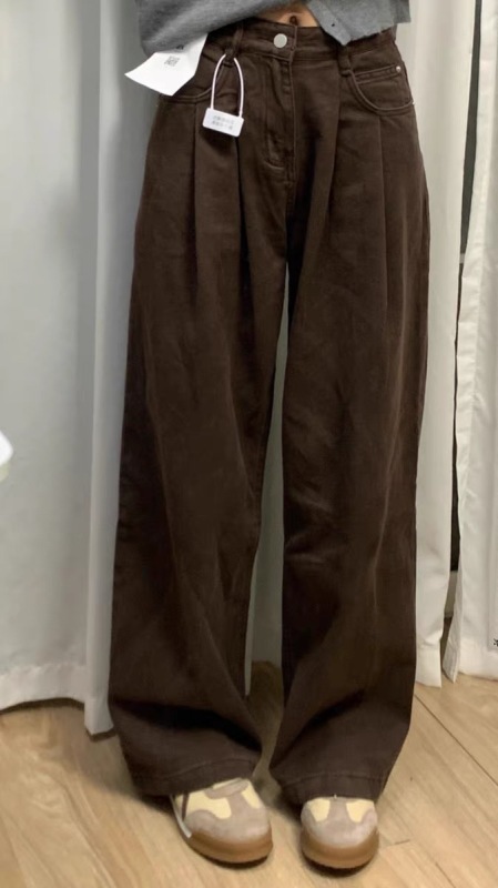 Brown pleated design jeans for women in autumn and winter new retro high-waisted loose slimming drape floor-length wide-leg pants