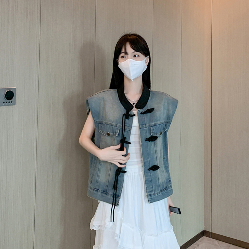 Actual shot ~ Korean style new Chinese style denim vest jacket for women autumn 2024 new style short top for small people