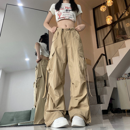 American style work trousers for women summer new style loose design drawstring straight leg leggings trendy wide leg trousers