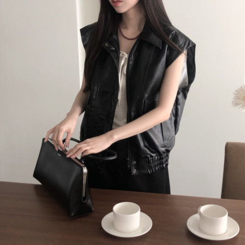 Korean chic autumn new retro versatile lapel zipper large pocket loose sleeveless PU leather vest jacket