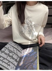 High elastic ribbed velvet marine element printed long-sleeved T-shirt simple loose bottoming top