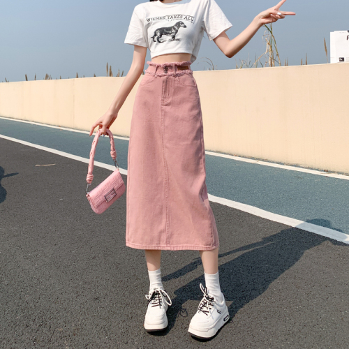 High-waisted denim skirt for women, spring and autumn pink a-line mid-length slim hip-hugging skirt for hot girls