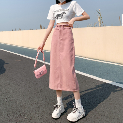 High-waisted denim skirt for women, spring and autumn pink a-line mid-length slim hip-hugging skirt for hot girls