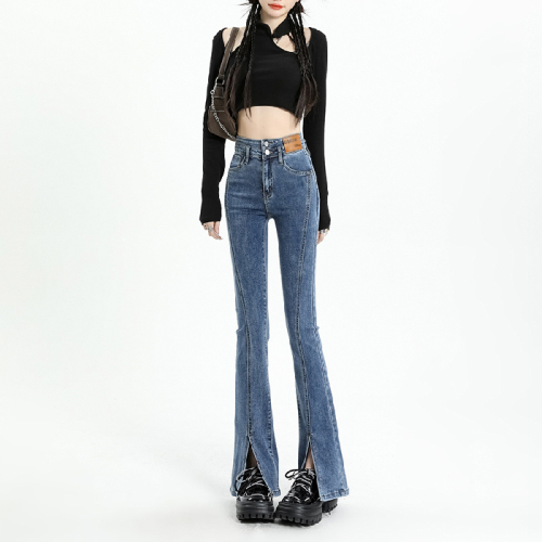 Slit high-waist double-button design slim denim bell-bottom pants gray & retro blue and black