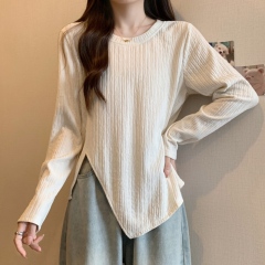 Fat girl plus size new textured top round neck slit irregular hem waist slimming long-sleeved T-shirt