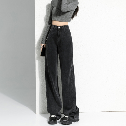 Winter wide-leg thickened velvet warm slim fit skin-covering jeans black black velvet extended trousers