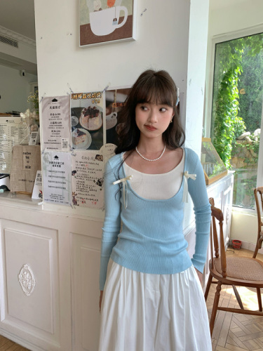 Korean style bow black fake two-piece long-sleeved T-shirt for women spring 2024 new design niche top