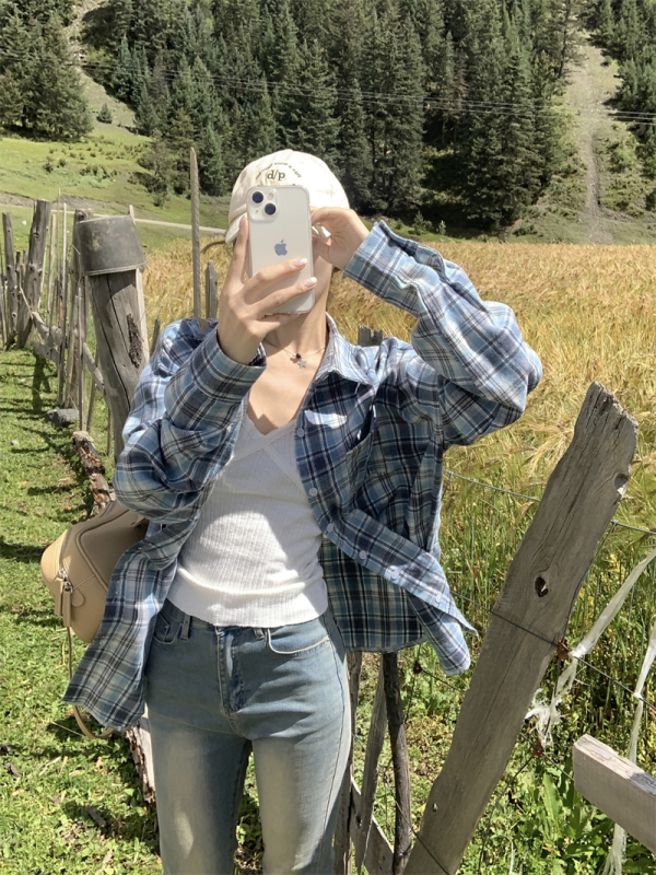 Blue plaid POLO collar loose long-sleeved shirt for women spring and summer mid-length sun protection coat cardigan top