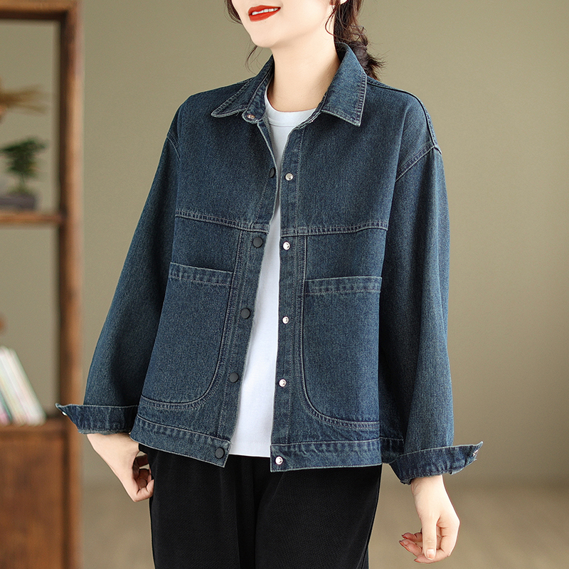 Autumn new retro denim jacket for women washed large pocket casual loose versatile jacket