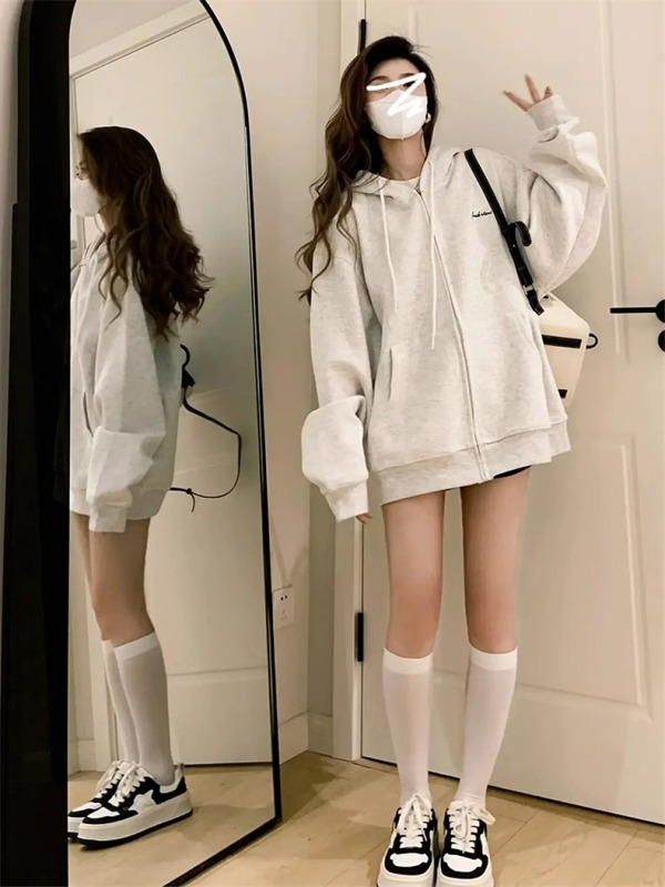 320g pure cotton embroidered American retro letter embroidered sweatshirt jacket for women in autumn and winter new style