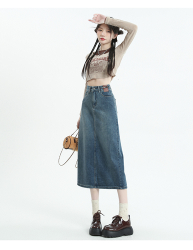 Slit denim skirt for women spring and summer new high-waist slim versatile mid-length skirt