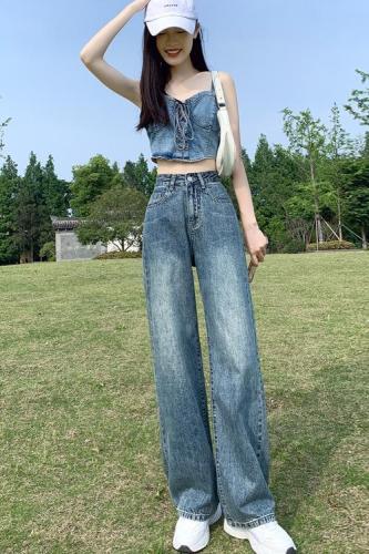 High-waisted straight-leg jeans for women's new style loose drapey wide-leg floor-length pants for small people