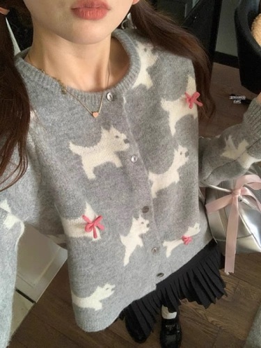 Korean style bow puppy three-dimensional jacquard round neck sweater for women spring single-breasted sweet sweater cardigan jacket