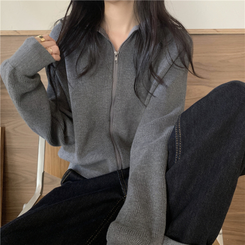 Real shot, real autumn and winter new turtleneck sweater, versatile loose zipper knitted cardigan jacket for women