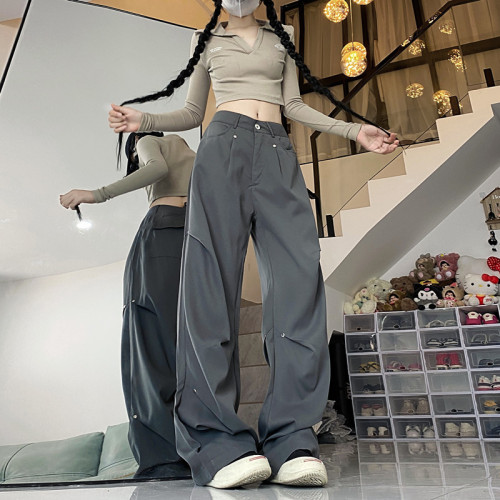 Overalls for women, autumn American trendy cool rivet high waist slim wide leg casual straight floor mopping pants