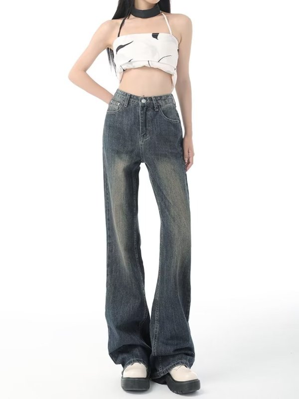 High-waisted jeans, autumn new large size wide-leg pants for fat women, slimming butt-covering trousers