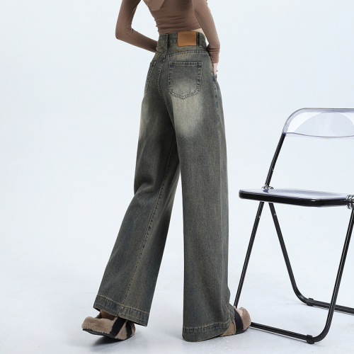 American retro wide-leg jeans for women spring and autumn new style washed high-waisted loose drape straight floor-length mopping pants