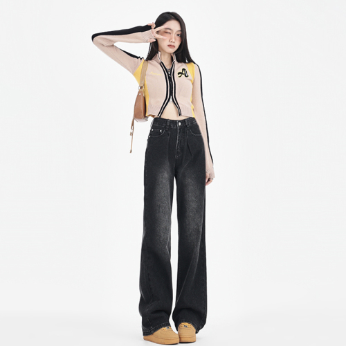 Retro extended wide-leg jeans for women new high-waisted loose slimming straight-leg drape floor-length pants