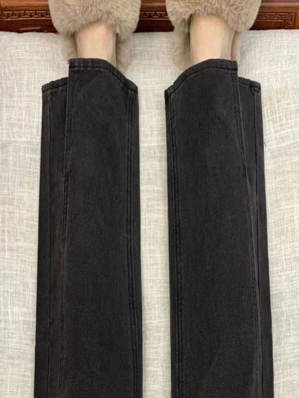 Ready stock~Black and gray straight jeans for women in spring new style retro high-waisted loose slimming slit wide-leg trousers