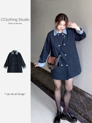 Autumn Hepburn style navy blue casual loose windbreaker jacket 2024 new style women's mid-length style high-end sense for small people