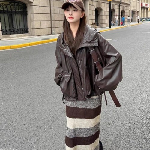 High-end casual protein leather thickened Korean style design short hooded down jacket with cotton inside