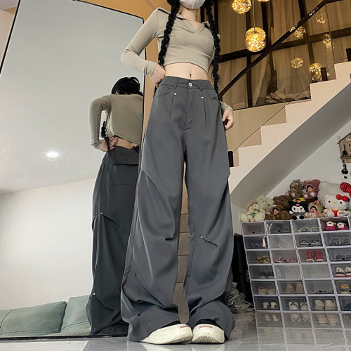 Overalls for women, autumn American trendy cool rivet high waist slim wide leg casual straight floor mopping pants