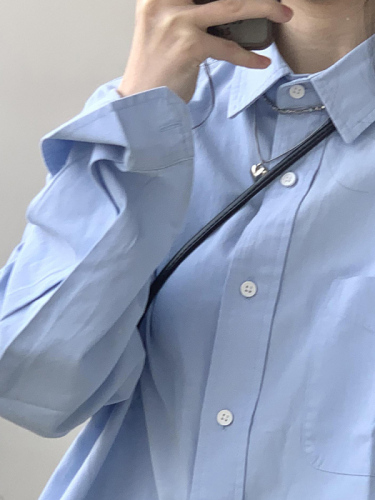 Blue long-sleeved shirt for women in spring and autumn pure cotton mid-length jacket design niche stacking shirt chic top