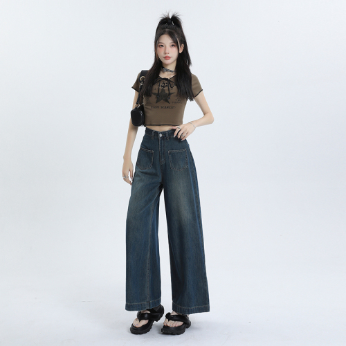 Wide-leg jeans for women, high waist, new style, American high street retro design, loose straight fit for small people