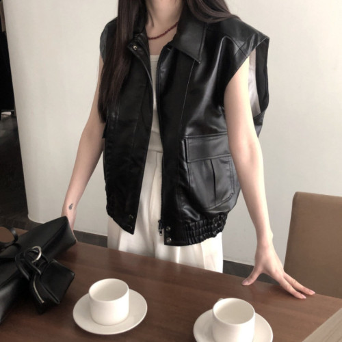 Korean chic autumn new retro versatile lapel zipper large pocket loose sleeveless PU leather vest jacket