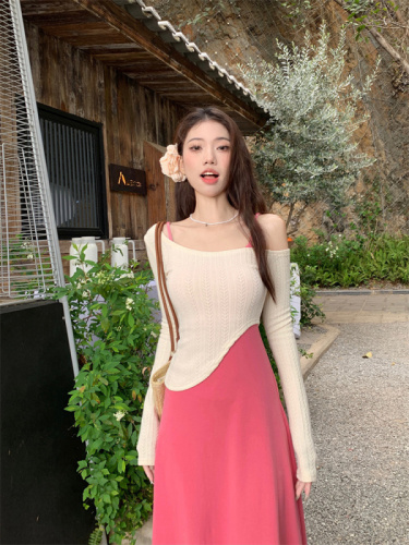 Plus size women's French style waist slimming knitted suspender dress + short long-sleeved blouse