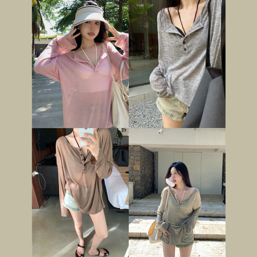 Lazy pure lust style long-sleeved t-shirt for women spring and autumn thin casual sun protection blouse loose slimming mid-length v-neck top