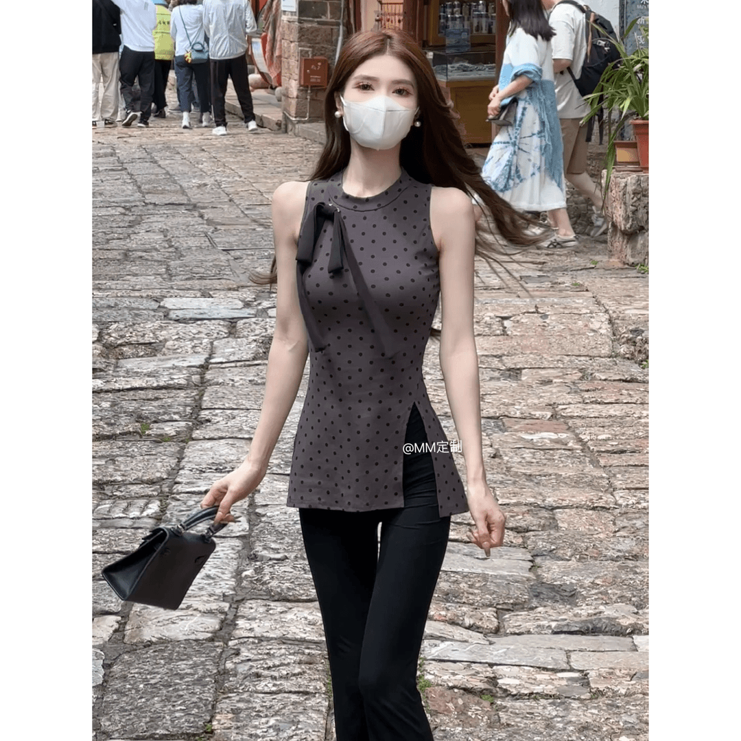 Gray Polka Dot Sleeveless Vest Women's Summer French Bow Waist Sweet Spicy Slit Top