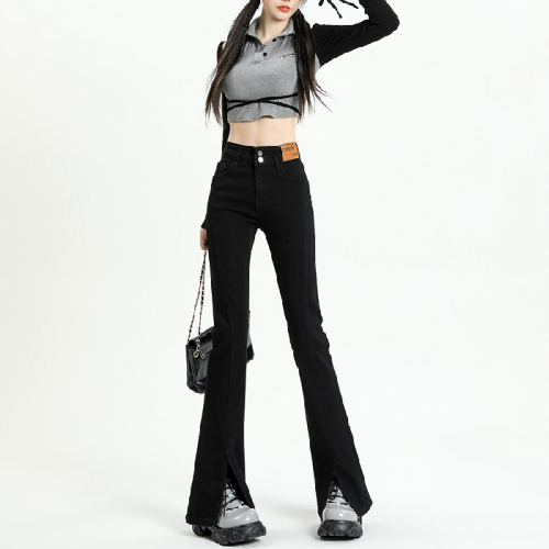 Slit high-waist double-button design slim denim bell-bottom pants gray & retro blue and black