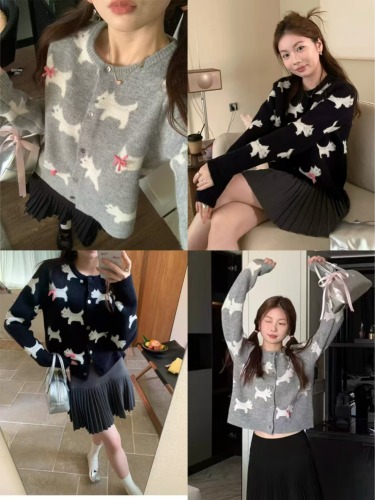 Korean style bow puppy three-dimensional jacquard round neck sweater for women spring single-breasted sweet sweater cardigan jacket