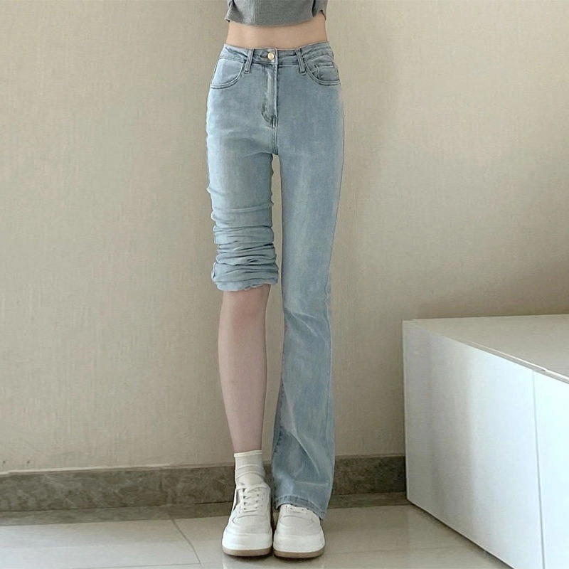 Slightly booted jeans for women with high-waisted design, straight legs, stretchy wide legs, niche floor-length horns