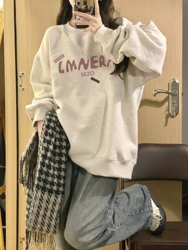 Gray right shoulder round neck top for women autumn 2023 new Korean version original high-end super good-looking sweatshirt