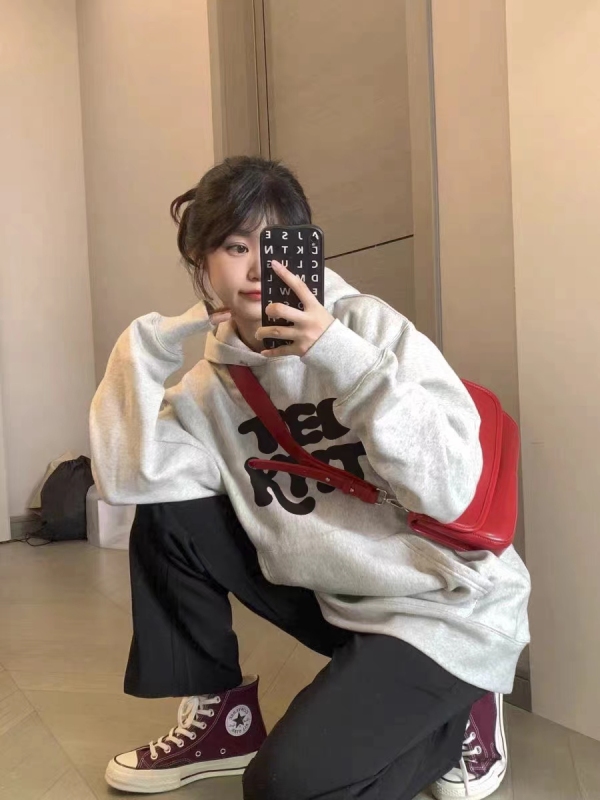 Composite silver fox velvet Korean hooded sweatshirt for women autumn and winter thin plus velvet loose versatile printed top trendy