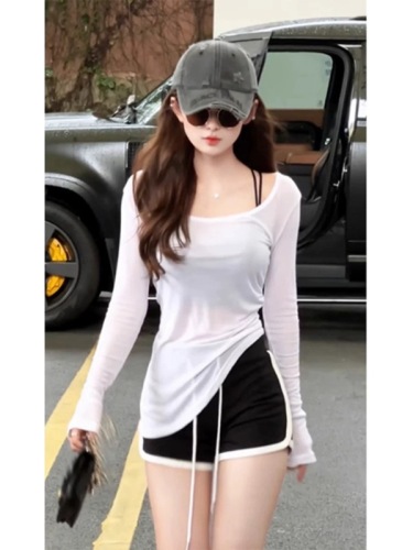 Ice silk white long-sleeved T-shirt women's summer thin waist slimming irregular design sun protection blouse top