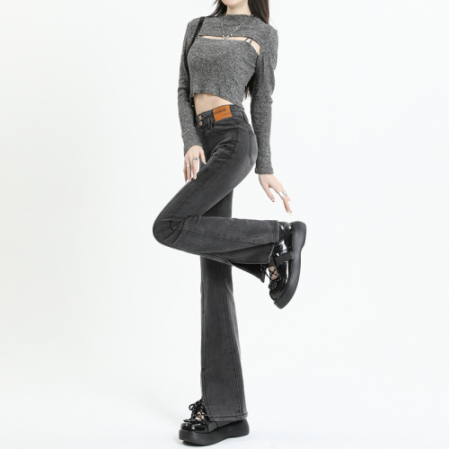 Slit high-waist double-button design slim denim bell-bottom pants gray & retro blue and black