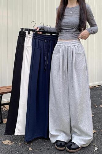 Lazy gray casual pants, autumn sweatpants, women's high-waisted straight pants, wide-leg pants, long trousers, drapey floor-length pants